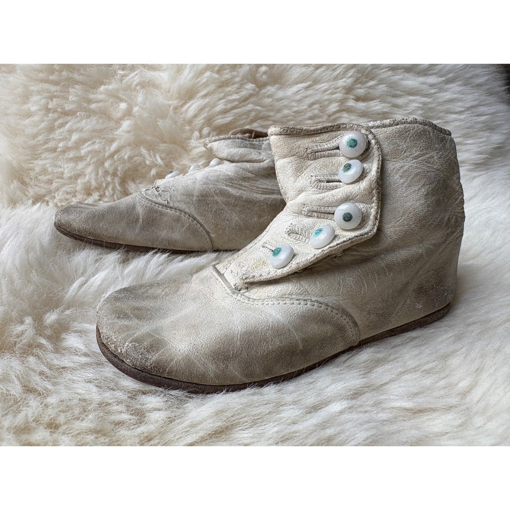 Antique Victorian Baby Boots Shoes White Leather Side Button Up Milk Glass Decor